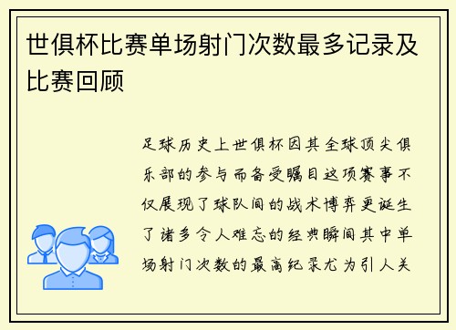 世俱杯比赛单场射门次数最多记录及比赛回顾